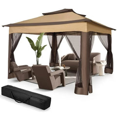 COBIZI Gazebo Canopy Tent, Pop Up Canopy 11x11 Tents for Parties, Outdoor Gazebo with Mosquito Netting and Vented Roof, Screen House for Garden Patio Backyard, Khaki