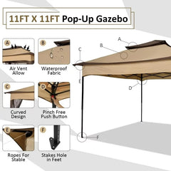 COBIZI Gazebo Canopy Tent, Pop Up Canopy 11x11 Tents for Parties, Outdoor Gazebo with Mosquito Netting and Vented Roof, Screen House for Garden Patio Backyard, Khaki