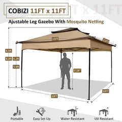 COBIZI Gazebo Canopy Tent, Pop Up Canopy 11x11 Tents for Parties, Outdoor Gazebo with Mosquito Netting and Vented Roof, Screen House for Garden Patio Backyard, Khaki