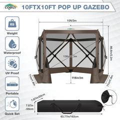 Hoteel 10x10ft Camping Gazebo Screen Tent, 5 Sided Pop-up Canopy Shelter with Mesh Windows, Portable Carry Bag, Stakes, Waterproof, UV 50+, Large Shade Tents for Outdoor Camping, Backyard, Gray,Blue,Khaki,Brown