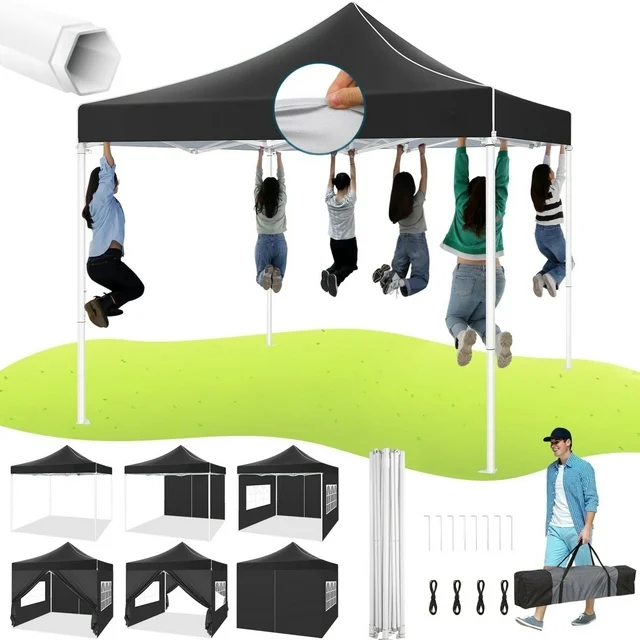 Hoteel 10x10 Heavy Duty Canopy Tent with 4 Sidewalls, Commercial Instant Shelter Tent for Parties, Wedding Event, Adjustable Outdoor Canopy with Carry Bag, 4 Ropes & 8 Stakes, Black