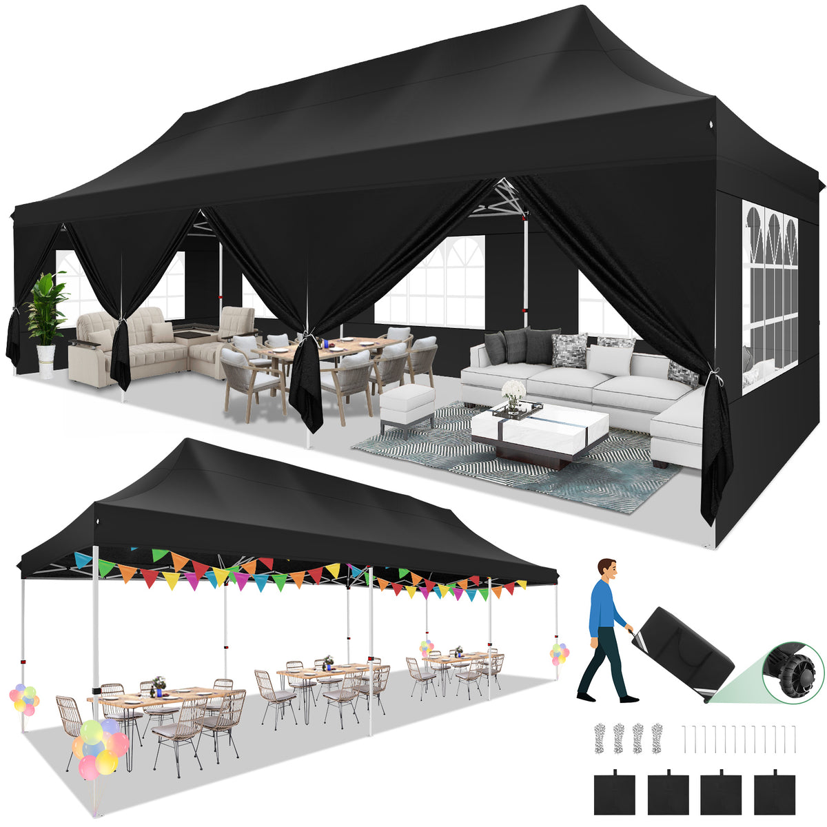 Hoteel 10x30 Pop up Canopy, Pop up Party Tent with 6 Removable Sidewalls, Outdoor Event Gazebo, Commercial Canopy Tents for Parties Wedding