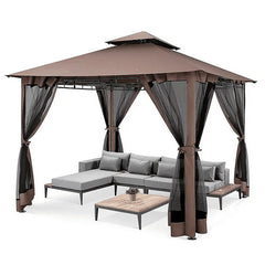 COBIZI 10x10 Gazebos for Patios, Canopy Tent Outdoor Canopy Backyard Gazebo Patio Tent Canopy with Mosquito Netting and Double Roof for Party, Wedding, BBQ and Event, Brown