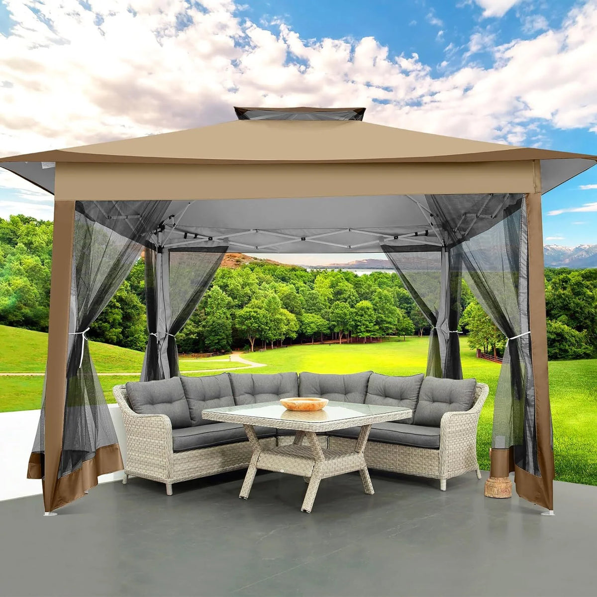 COBIZI 12x12 Outdoor Gazebo Pop Up Gazebo Canopy with Mosquito Netting Patio Tent Backyard Canopy with 2-Tiered Vented Top 3 Adjustable Height, Brown