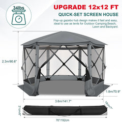 Hoteel 12x12ft Outdoor Pop-up Gazebo Screen Tent Screen House with 6 Sidewalls and Mosquito Netting, Waterproof, UV Resistant,Portable Carry Bag, for Outdoor Camping, Lawn and Backyard