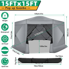 Hoteel 15x15 Camping Gazebo Tent 8 Sided Pop-up Canopy Screen Tent with Netting for Camping, Waterproof, UV Resistant, Ez Set-up Party Tent with Carrying Bag