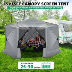 Hoteel 15x15 Camping Gazebo Tent 8 Sided Pop-up Canopy Screen Tent with Netting for Camping, Waterproof, UV Resistant, Ez Set-up Party Tent with Carrying Bag