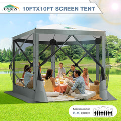 Hoteel 10x10ft Pop-up Gazebo Camping Canopy Tent with 5 Sides Mosquito Netting, Waterproof, UV Resistant, Portable Screen House Room, Outdoor Party Tent with Carry bag, Ground Spike, Brown