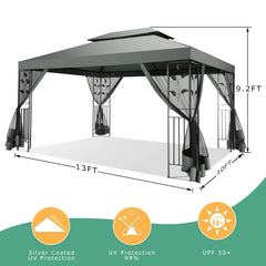 YUEBO 10'x 13' Metal Patio Gazebo, Outdoor Gazebo Canopy Tent for Backyard with Mosquito Netting, Gazebos Shelter with Steel Frame, Patio Covers for Shade and Rain, Khaki