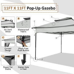 COBIZI Gazebo Canopy Tent, Pop Up Canopy 11x11 Tents for Parties, Outdoor Gazebo with Mosquito Netting and Vented Roof, Screen House for Garden Patio Backyard, Khaki