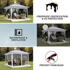 COBIZI 12x12 Outdoor Gazebo Pop Up Gazebo Canopy with Mosquito Netting Patio Tent Backyard Canopy with 2-Tiered Vented Top 3 Adjustable Height, Beige