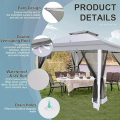 COBIZI 12x12 Outdoor Gazebo Pop Up Gazebo Canopy with Mosquito Netting Patio Tent Backyard Canopy with 2-Tiered Vented Top 3 Adjustable Height, Beige