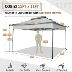 COBIZI Gazebo Canopy Tent, Pop Up Canopy 11x11 Tents for Parties, Outdoor Gazebo with Mosquito Netting and Vented Roof, Screen House for Garden Patio Backyard, Khaki