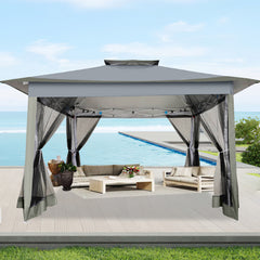 HOTEEL 12x12 Pop Up Gazebo Canopy Tent, Outdoor Waterproof Portable Gazebo With Mosquito Nettings, Double Vented Roof, 3 Adjustable Height and Carry Bag for Patio Garden Lawn,Gray