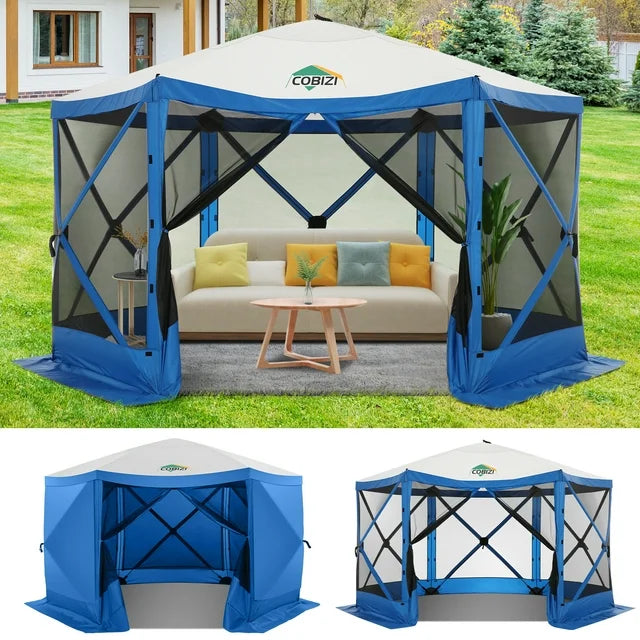 HOTEEL 12x12ft Pop Up Canopy Gazebo, Outdoor Canopy Tent Screen House with 6 sidewalls and Netting for Camping, Waterproof, UV Resistant, Ez Set-up Party Tent with Carrying Bag and Ground Stakes,Blue