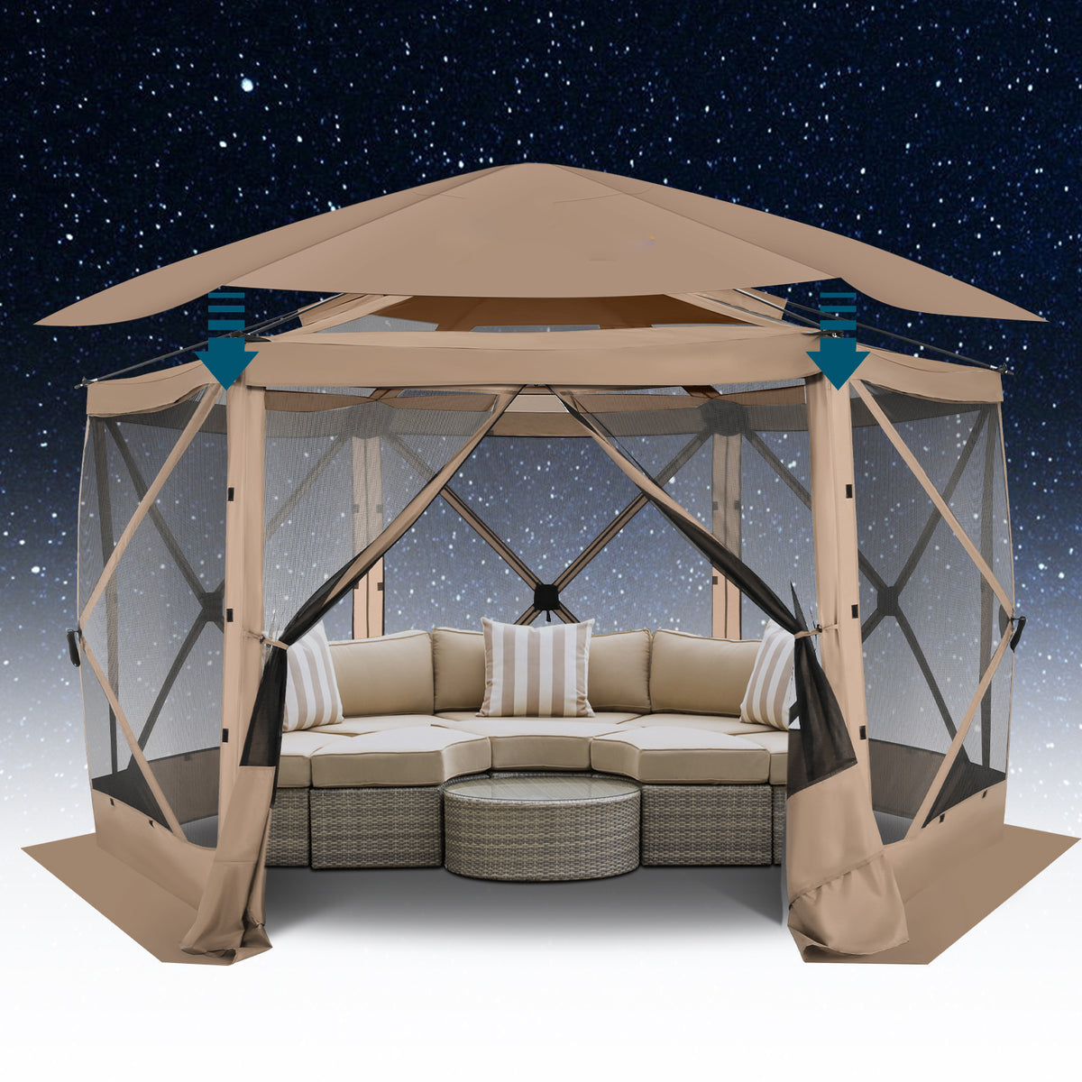 HOTEEL 12' x 12' Portable Pop-Up Outdoor Camping Gazebo, Screen Room with Mosquito Nettings, Waterproof, UV, Hub Tent Instant Screened Tent Canopy Shelter with Ground Stakes & Carry Bag, Beige