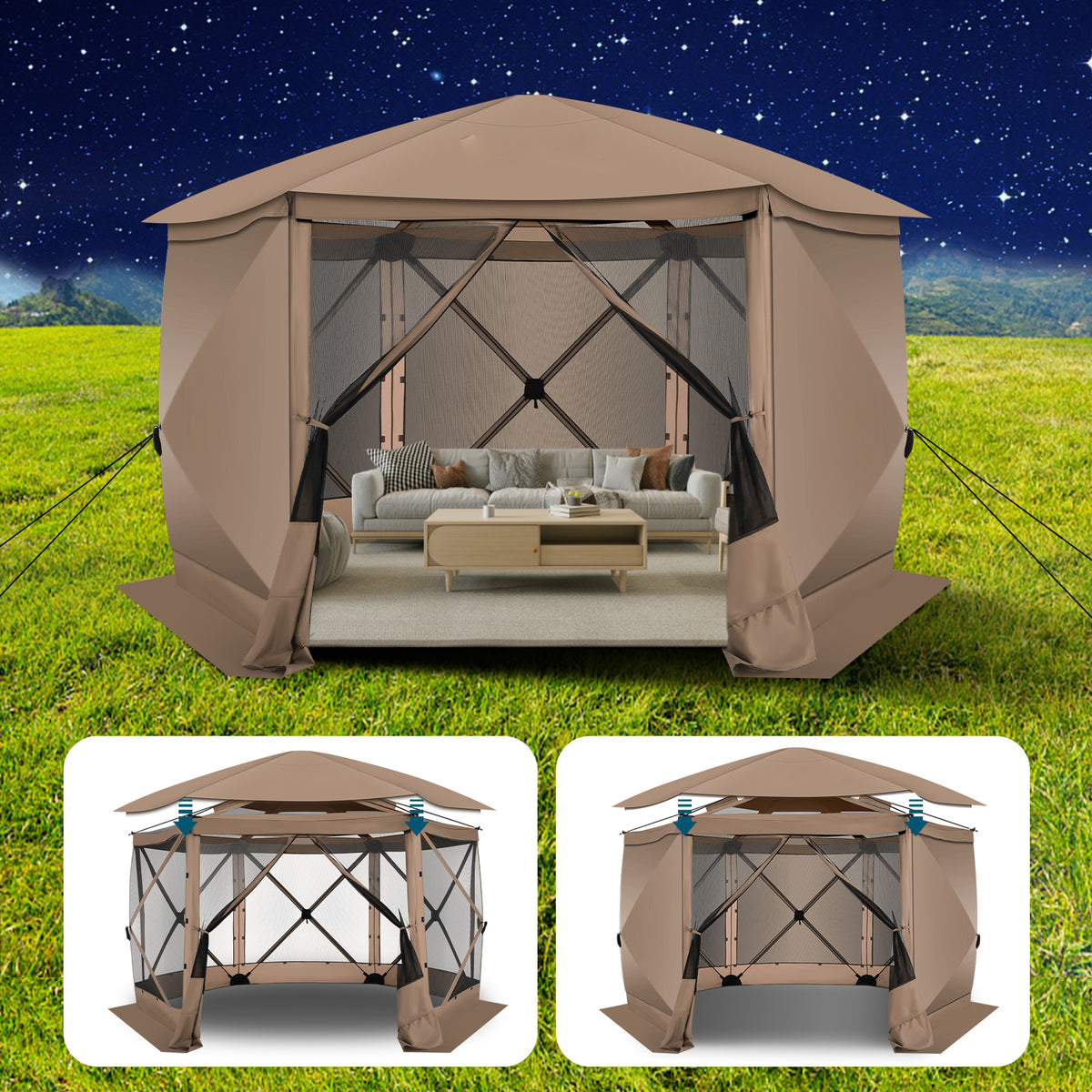 HOTEEL 12x12ft Camping Gazebo Screen Tent, 6 Sided Pop-up Canopy Shelter Tent with Mesh Windows, Portable Carry Bag, Stakes, Waterproof, UV 50+, Large Shade Tents for Outdoor Camping, Backyard, Beige