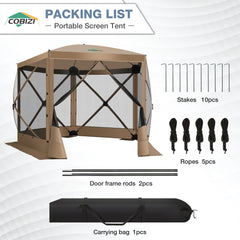 Hoteel 10x10ft Pop-up Gazebo Camping Canopy Tent with 5 Sides Mosquito Netting, Waterproof, UV Resistant, Portable Screen House Room, Outdoor Party Tent with Carry bag, Ground Spike, Brown