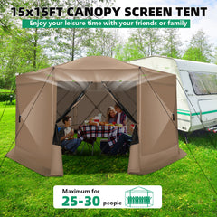 Hoteel 15x15 Camping Gazebo Tent 8 Sided Pop-up Canopy Screen Tent with Netting for Camping, Waterproof, UV Resistant, Ez Set-up Party Tent with Carrying Bag