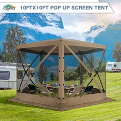 Hoteel 10x10ft Camping Gazebo Screen Tent, 5 Sided Pop-up Canopy Shelter with Mesh Windows, Portable Carry Bag, Stakes, Waterproof, UV 50+, Large Shade Tents for Outdoor Camping, Backyard, Gray,Blue,Khaki,Brown