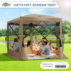 Hoteel 10x10ft Camping Gazebo Screen Tent, 5 Sided Pop-up Canopy Shelter with Mesh Windows, Portable Carry Bag, Stakes, Waterproof, UV 50+, Large Shade Tents for Outdoor Camping, Backyard, Gray,Blue,Khaki,Brown