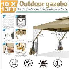 YUEBO 10'x 13' Metal Patio Gazebo, Outdoor Gazebo Canopy Tent for Backyard with Mosquito Netting, Gazebos Shelter with Steel Frame, Patio Covers for Shade and Rain, Khaki