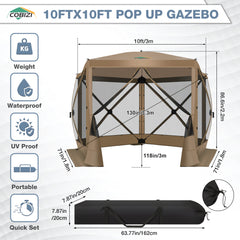 Hoteel 10x10ft Camping Gazebo Screen Tent, 5 Sided Pop-up Canopy Shelter with Mesh Windows, Portable Carry Bag, Stakes, Waterproof, UV 50+, Large Shade Tents for Outdoor Camping, Backyard, Gray,Blue,Khaki,Brown