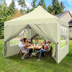 HOTEEL 10x10 Pop Up Canopy , UPF 50+ Easy Setup Canopy Tent Waterproof Outdoor Instant Portable Shelter with 4 Removable Sidewalls, Sandbags, Stakes & Ropes for Party, Events, Vendor, Khaki
