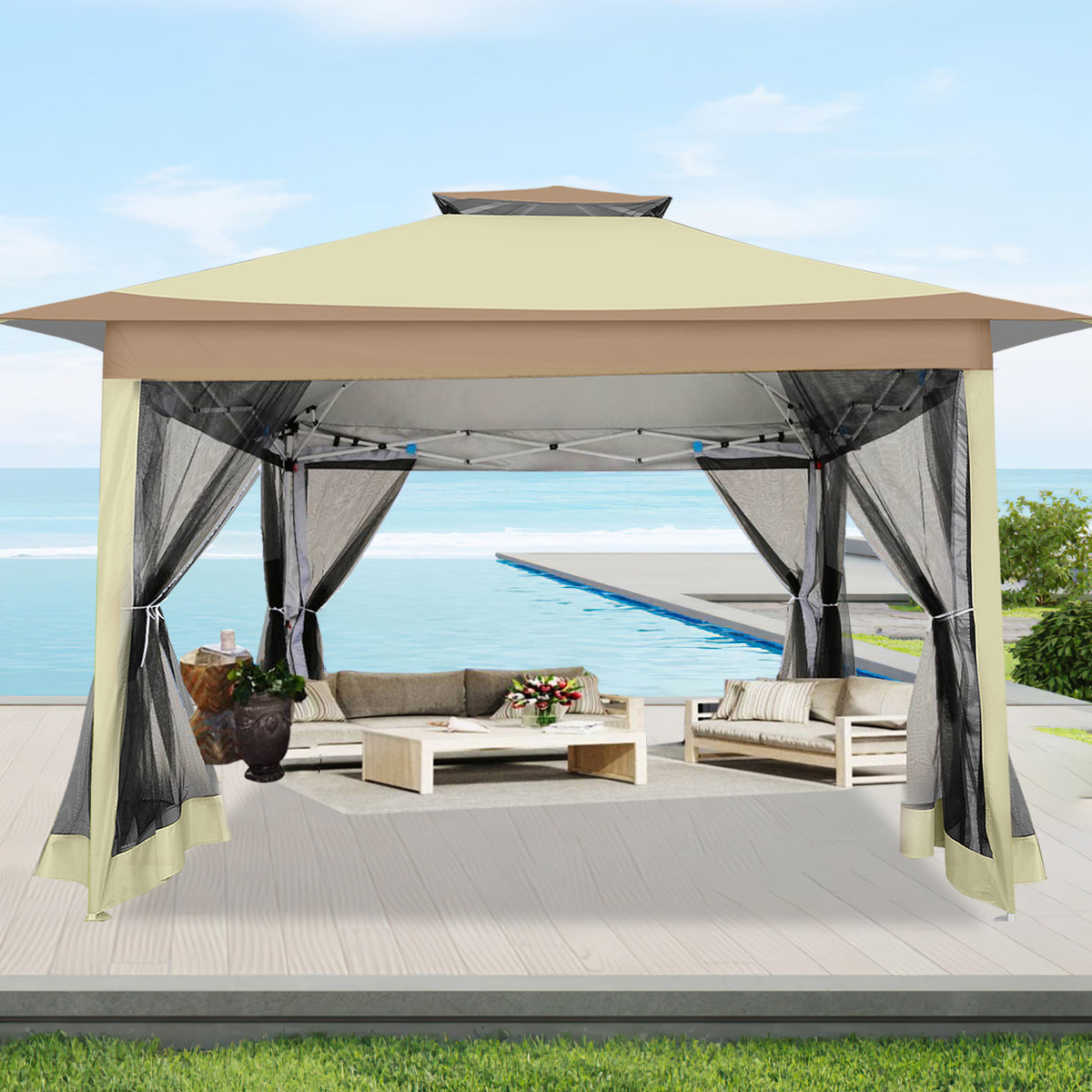 HOTEEL 12x12 Pop Up Gazebo Canopy Tent, Outdoor Waterproof Portable Gazebo With Mosquito Nettings, Double Vented Roof, 3 Adjustable Height and Carry Bag for Patio Garden Lawn,Gray