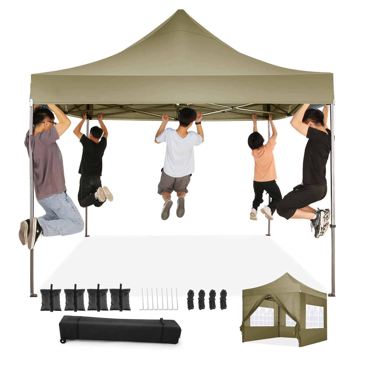 YUEBO 10'x10' Pop up Canopy Instant Commercial Canopy Including 4 Removable Sidewall, 4 Ropes, 8 Stakes, 4 Weight Bags, with Roller Bag, Beige