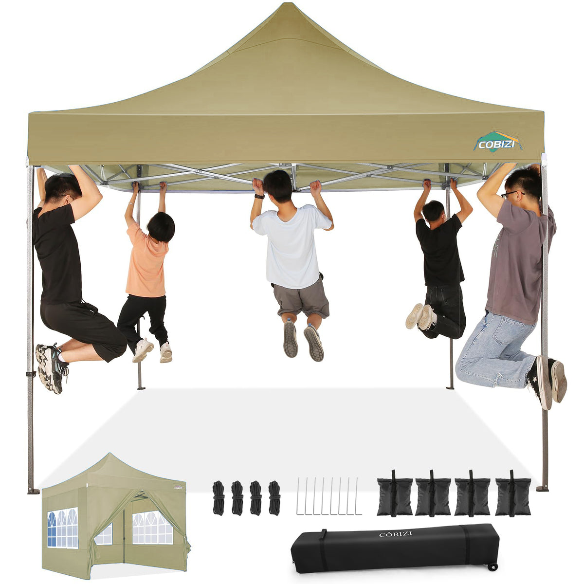 COBIZI 10x10 Pop Up Canopy Tent with 4 sidewalls Commercial Heavy Duty Canopy UPF 50+ All Weather Waterproof Outdoor Canopy Wedding Tents for Parties Gazebo with Roller Bag, Khaki (Windproof Upgraded)