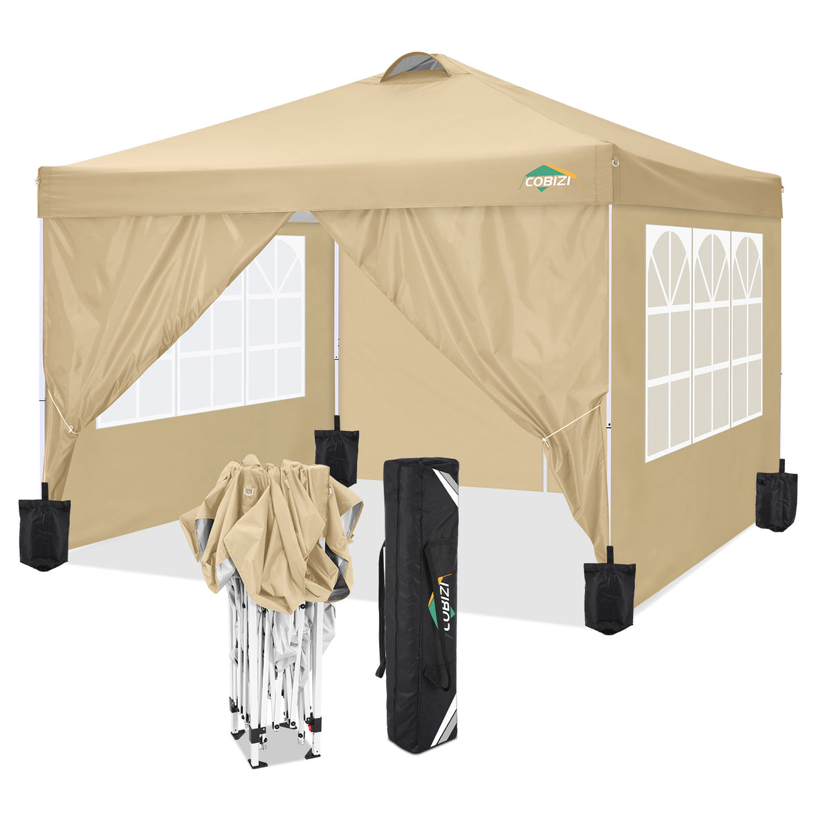 COBlZI 10'x10' Ez Pop Up Canopy Tent with 4 Sidewalls,Commercial Instant Gazebo Tents with 4 Sand Bags & 8 Stakes,Outdoor Patio Canopy for Parties,Backyard（Khaki)