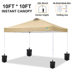 COBlZI 10'x10' Ez Pop Up Canopy Tent with 4 Sidewalls,Commercial Instant Gazebo Tents with 4 Sand Bags & 8 Stakes,Outdoor Patio Canopy for Parties,Backyard（Khaki)