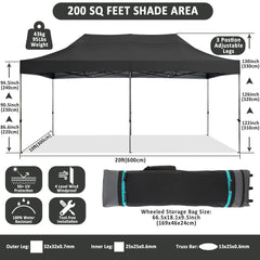 COBIZI 10x20 Pop up Canopy, Commercial Heavy Duty Canopy UPF 50+ All Weather Waterproof Outdoor Wedding Party Tents Gazebo with Roller Bag, Black