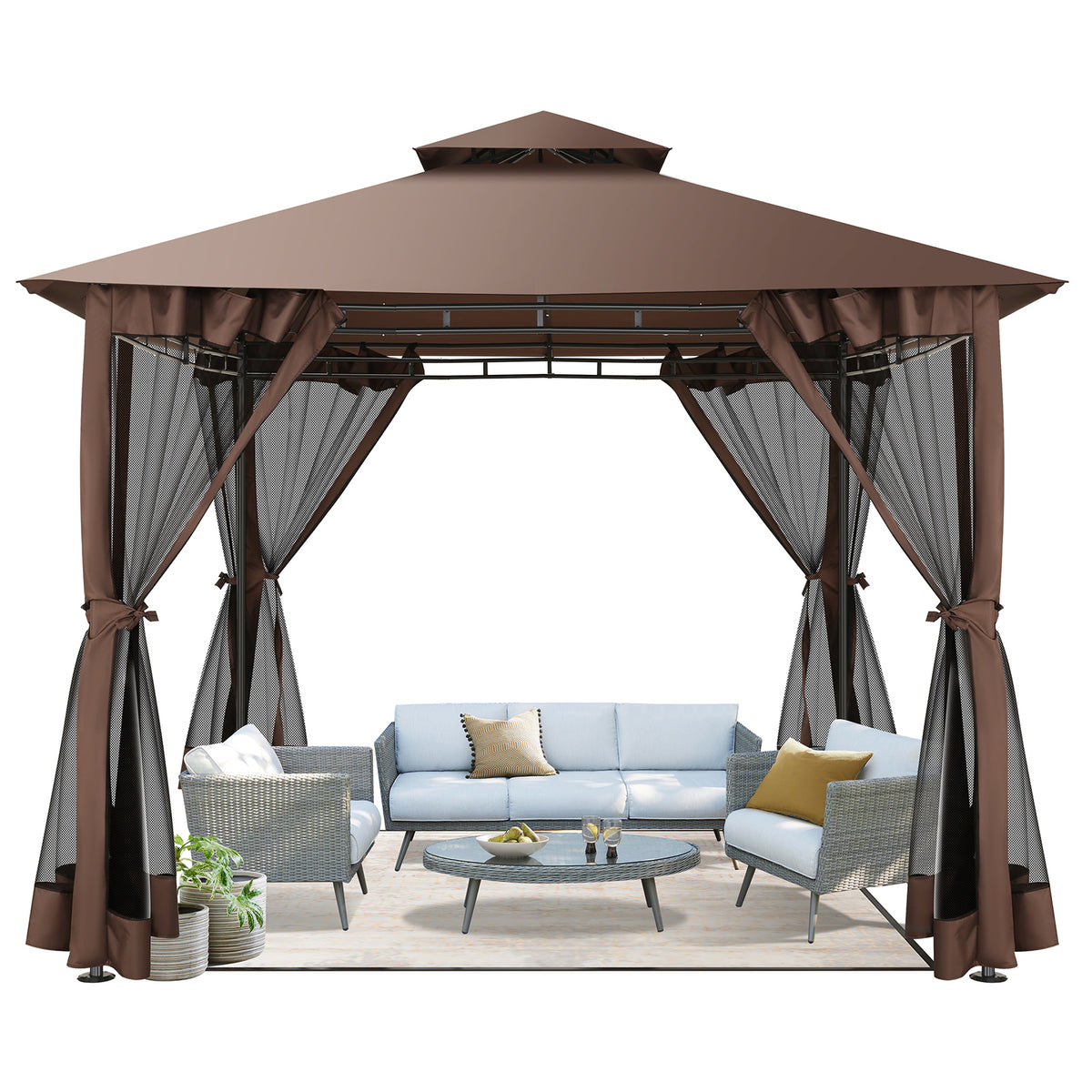 COBIZI 10'x10'Canopy with Mosquito Netting,Shade Tent for Party, Outdoor Activities, Backyard, Patio Lawn & Garden,Brown