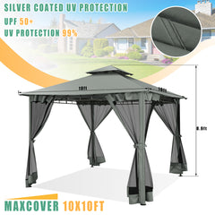 HOTEEL 10x10 Gazebos for Patios, Canopy Tent Outdoor Canopy Backyard Gazebo Patio Tent Canopy with Mosquito Netting and Double Roof for Party, Wedding, BBQ and Event, Gray