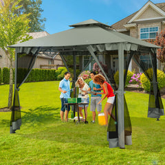 HOTEEL 10x10 Gazebos for Patios, Canopy Tent Outdoor Canopy Backyard Gazebo Patio Tent Canopy with Mosquito Netting and Double Roof for Party, Wedding, BBQ and Event, Gray