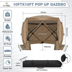 Hoteel 12x12ft Camping Gazebo Screen Tent, 6 Sided Pop-up Gazebo with Mesh Windows, Portable Carry Bag, Stakes, Waterproof, UV 50+, Large Shade Tents for Outdoor Camping, Backyard, Brown