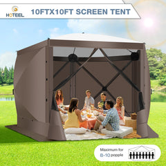 Hoteel 12x12ft Camping Gazebo Screen Tent, 6 Sided Pop-up Gazebo with Mesh Windows, Portable Carry Bag, Stakes, Waterproof, UV 50+, Large Shade Tents for Outdoor Camping, Backyard, Brown