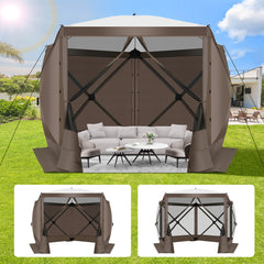 Hoteel 12x12ft Camping Gazebo Screen Tent, 6 Sided Pop-up Gazebo with Mesh Windows, Portable Carry Bag, Stakes, Waterproof, UV 50+, Large Shade Tents for Outdoor Camping, Backyard, Brown