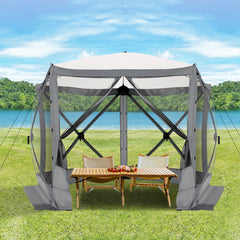 Hoteel 12x12ft Camping Gazebo Screen Tent, 6 Sided Pop-up Gazebo with Mesh Windows, Portable Carry Bag, Stakes, Waterproof, UV 50+, Large Shade Tents for Outdoor Camping, Backyard, Brown