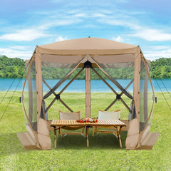 Hoteel 12x12ft Camping Gazebo Screen Tent, 6 Sided Pop-up Gazebo with Mesh Windows, Portable Carry Bag, Stakes, Waterproof, UV 50+, Large Shade Tents for Outdoor Camping, Backyard, Brown