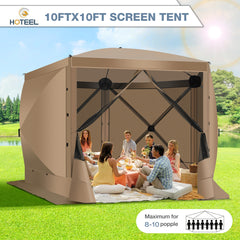 Hoteel 12x12ft Camping Gazebo Screen Tent, 6 Sided Pop-up Gazebo with Mesh Windows, Portable Carry Bag, Stakes, Waterproof, UV 50+, Large Shade Tents for Outdoor Camping, Backyard, Brown