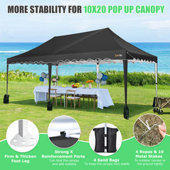 HOTEEL 10x20 Pop Up Canopy Tent for Parties, Outdoor Canopy Tent with Church Windows, Waterproof Easy Up Tent for Backyard with 4 Sandbags & Rolling Bag,Black