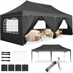 HOTEEL 10x20 Pop up Canopy with 6 Sidewalls, Waterproof Tent for Parties Wedding Event, Commercial Outdoor Wedding Party Tents with Roller Bag, Stakes, Ropes & Sandbags