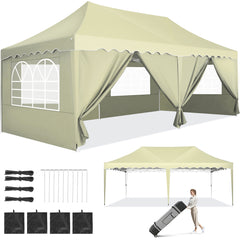 HOTEEL 10x20 Pop up Canopy with 6 Sidewalls, Waterproof Tent for Parties Wedding Event, Commercial Outdoor Wedding Party Tents with Roller Bag, Stakes, Ropes & Sandbags