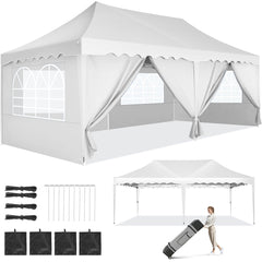 HOTEEL 10x20 Pop up Canopy with 6 Sidewalls, Waterproof Tent for Parties Wedding Event, Commercial Outdoor Wedding Party Tents with Roller Bag, Stakes, Ropes & Sandbags