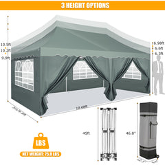 HOTEEL 10x20 Pop up Canopy with 6 Sidewalls, Waterproof Tent for Parties Wedding Event, Commercial Outdoor Wedding Party Tents with Roller Bag, Stakes, Ropes & Sandbags