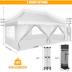 HOTEEL 10x20 Pop up Canopy with 6 Sidewalls, Waterproof Tent for Parties Wedding Event, Commercial Outdoor Wedding Party Tents with Roller Bag, Stakes, Ropes & Sandbags