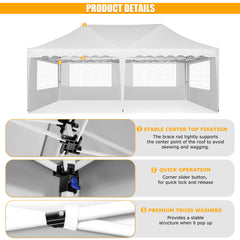 HOTEEL 10x20 Pop up Canopy with 6 Sidewalls, Waterproof Tent for Parties Wedding Event, Commercial Outdoor Wedding Party Tents with Roller Bag, Stakes, Ropes & Sandbags